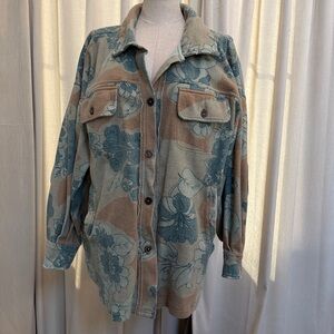 Free People Blue green L Floral Teddy Jacket shirt long sleeve flannel Antho
